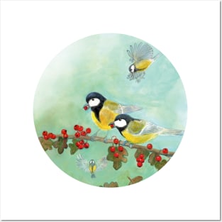 Great Tit Birds on a Hawthorn Branch Posters and Art